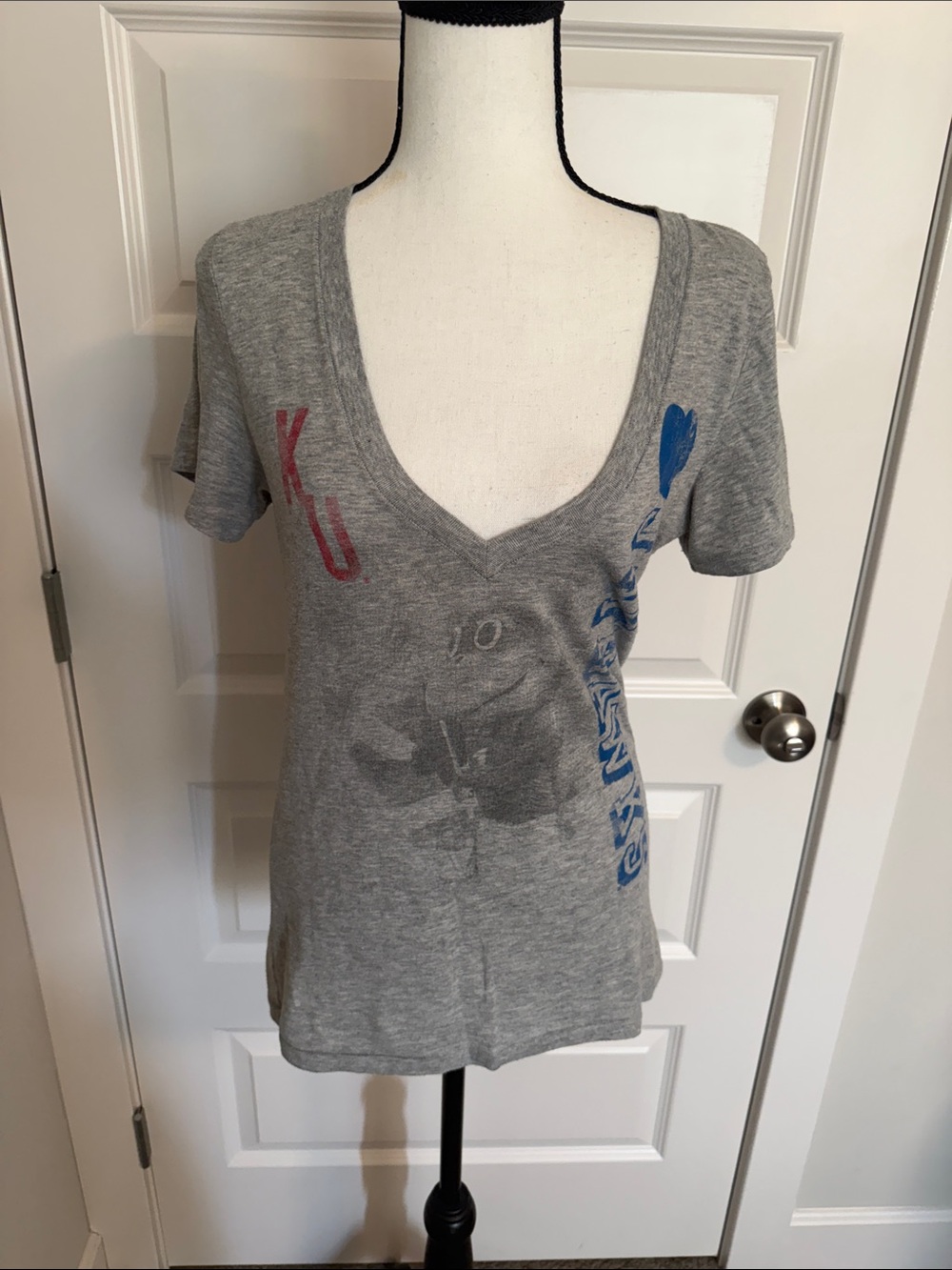Pink| Gray V-Neck KU Jayhawks Tee with Blue & Red Accents